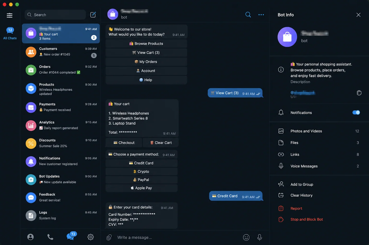 Превью Telegram Commerce Bot: каталог, корзина и выбор оплаты